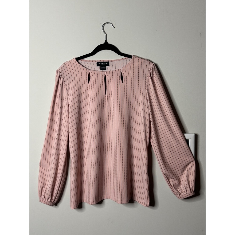 Liz Claiborne Career Pink Pinstripe Keyhole Neck Long Sleeve Blouse Size M